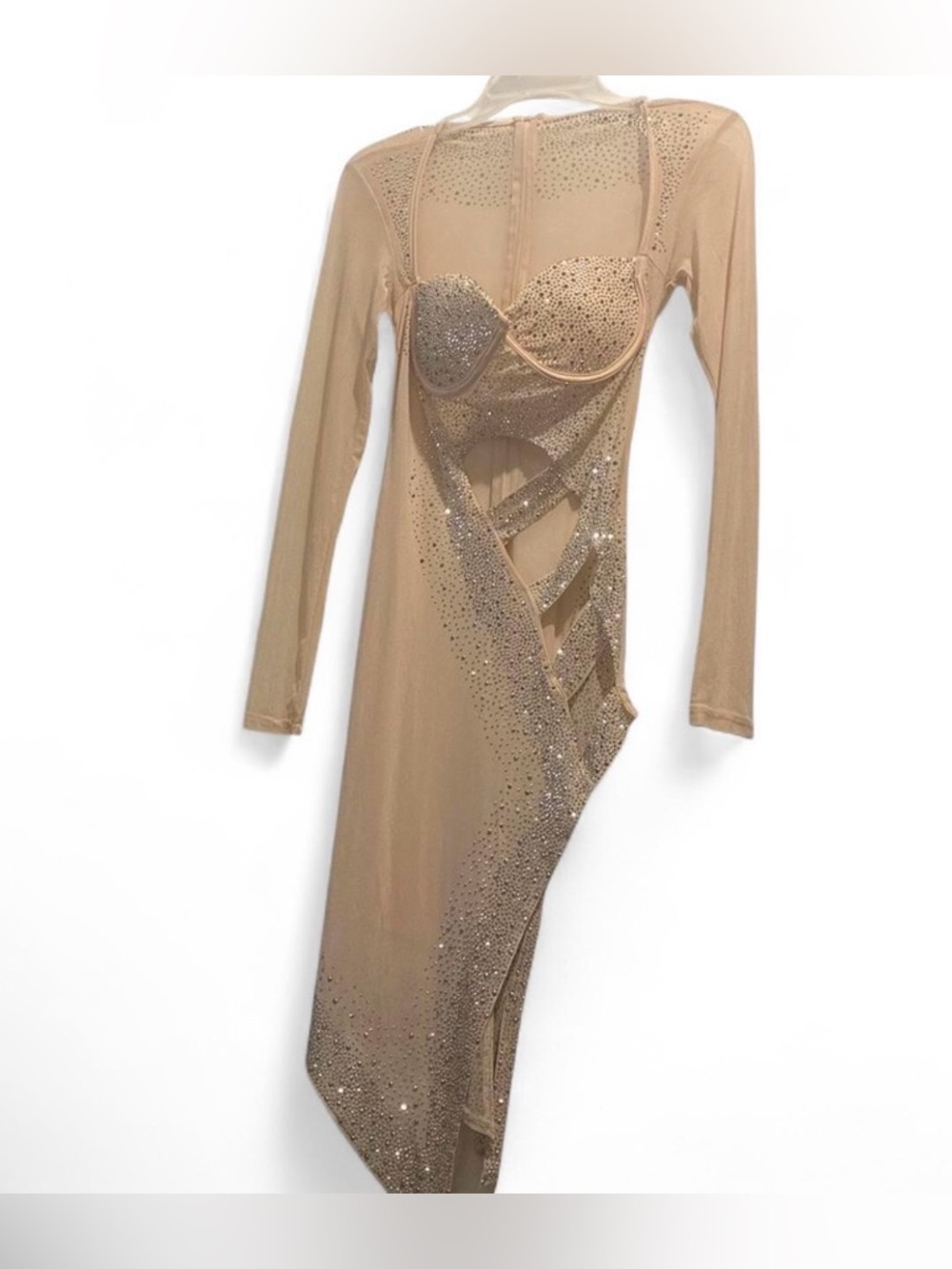 Nude stretch Mesh Rhinestone Cutout Bodycon Dress - Picture 6 of 7